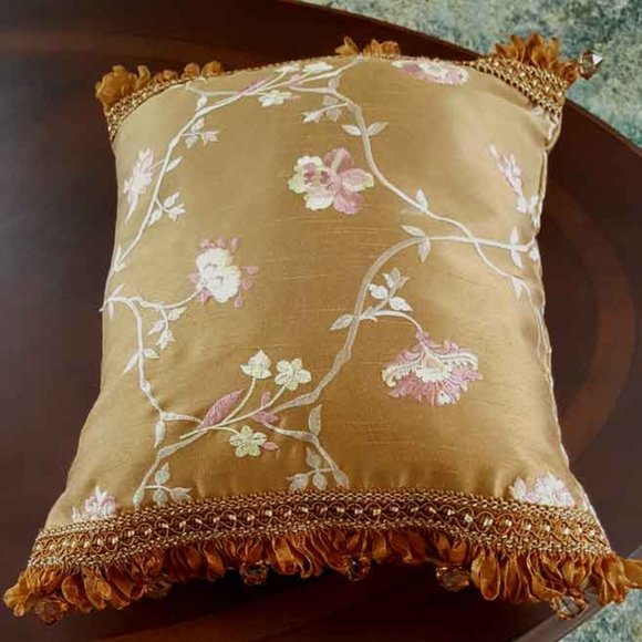 Throw Pillow with insert – Dark Gold w\ Dark Gold Beaded Ruffle Fringe 16″x14″ - Picture 2 of 5